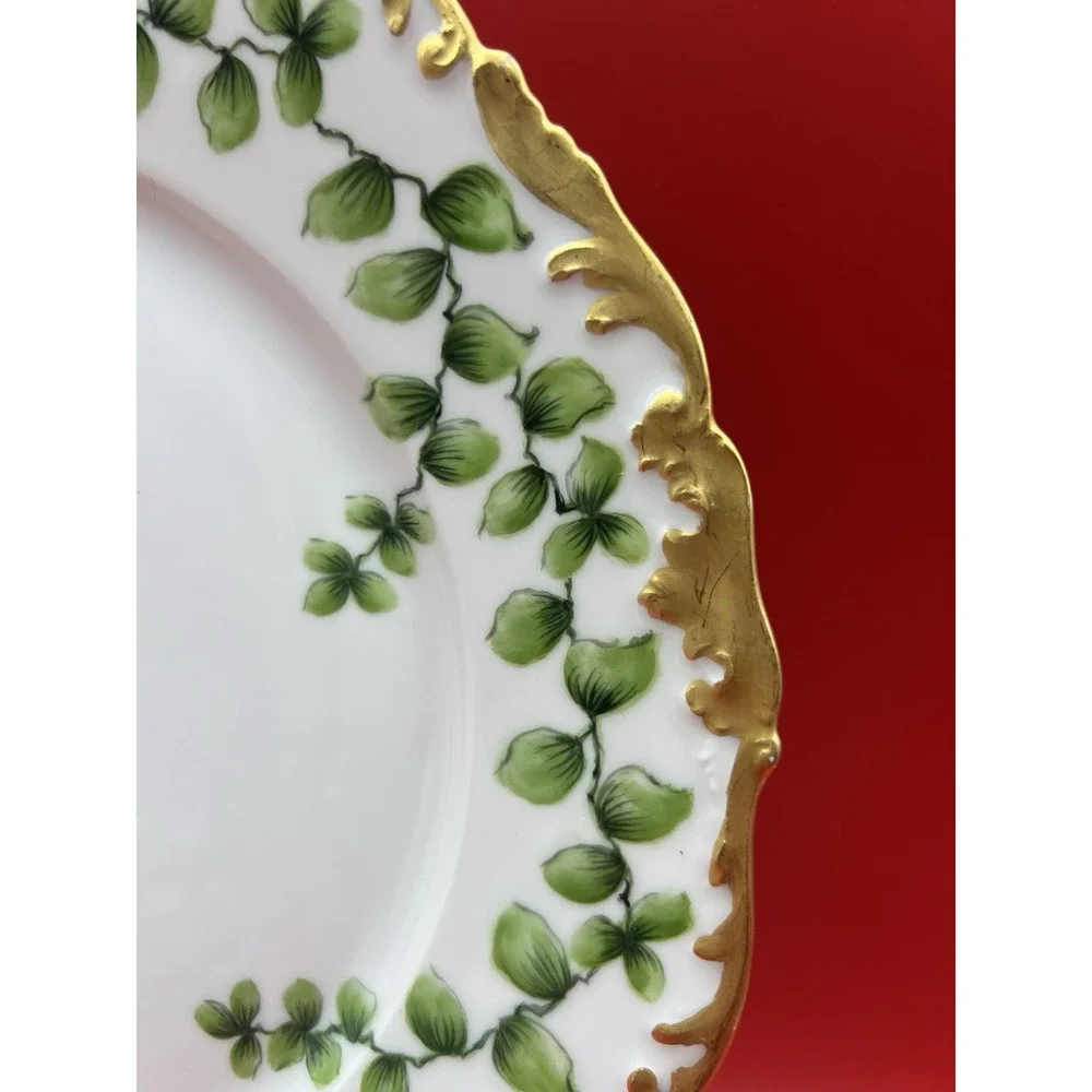 Antique T&V Limoges France Depose Green Vine w Rich Gold Rim 5 Place Setting